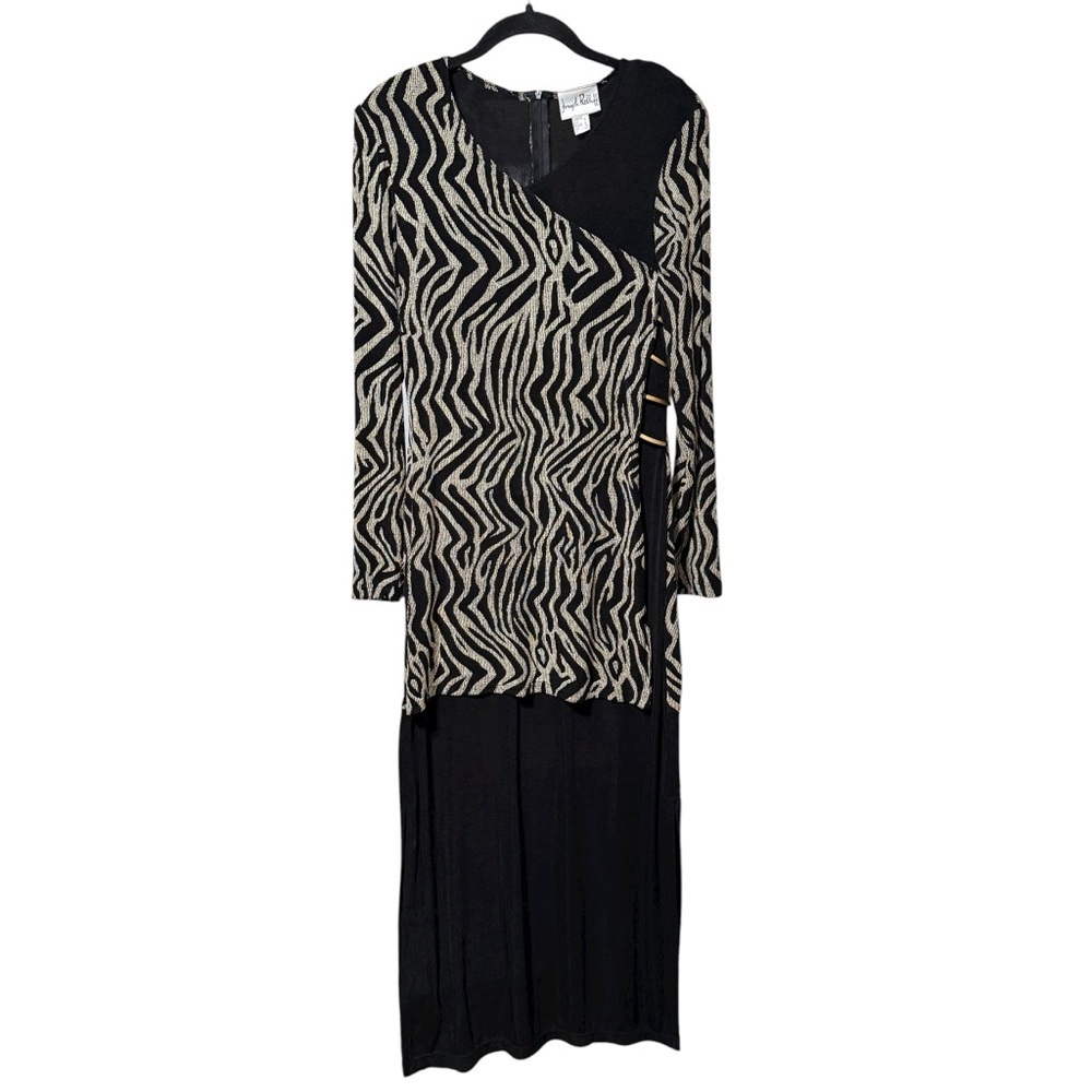 Vintage Joseph Ribkoff Zebra Print Metallic Detail Maxi Evening Dress Size 6